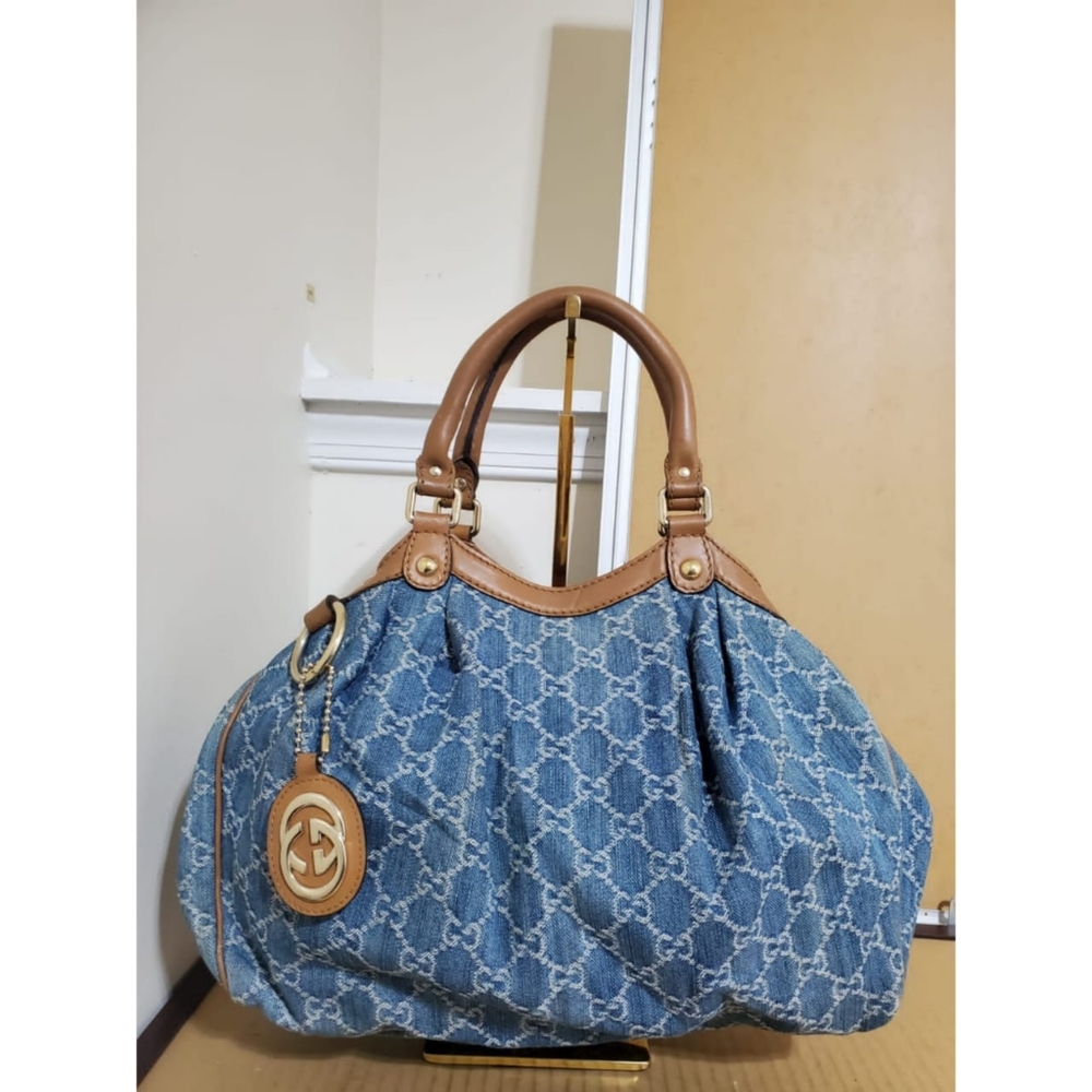 Authentic GUCCI Blue Denim GG Denim Sukey Medium Tote Bag